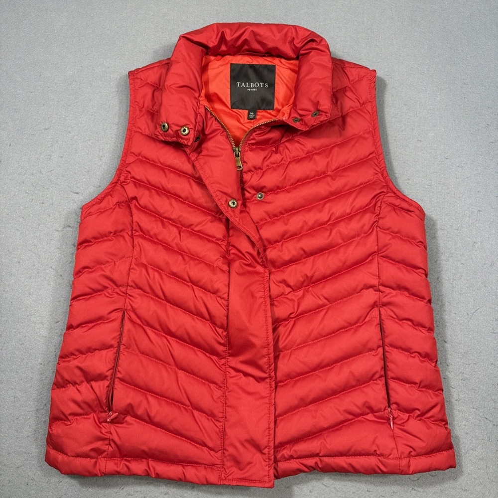 Talbots Womens RED Puffer Vest MEDIUM PETITE Down Fill Polyester Full Zip
